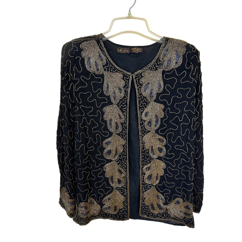 Vintage Womens Megère Black & Gold Sequined Silk Jacket PS Evening Formal